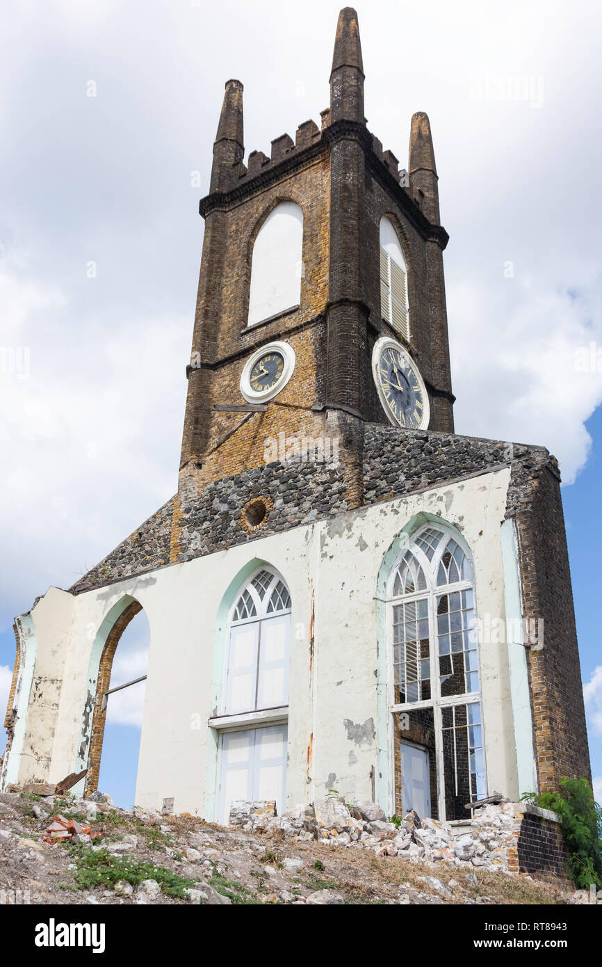 Kirk et clocher de l'horloge L'ouragan ruine, St.George's, Grenade, Lesser Antilles, Caribbean Banque D'Images