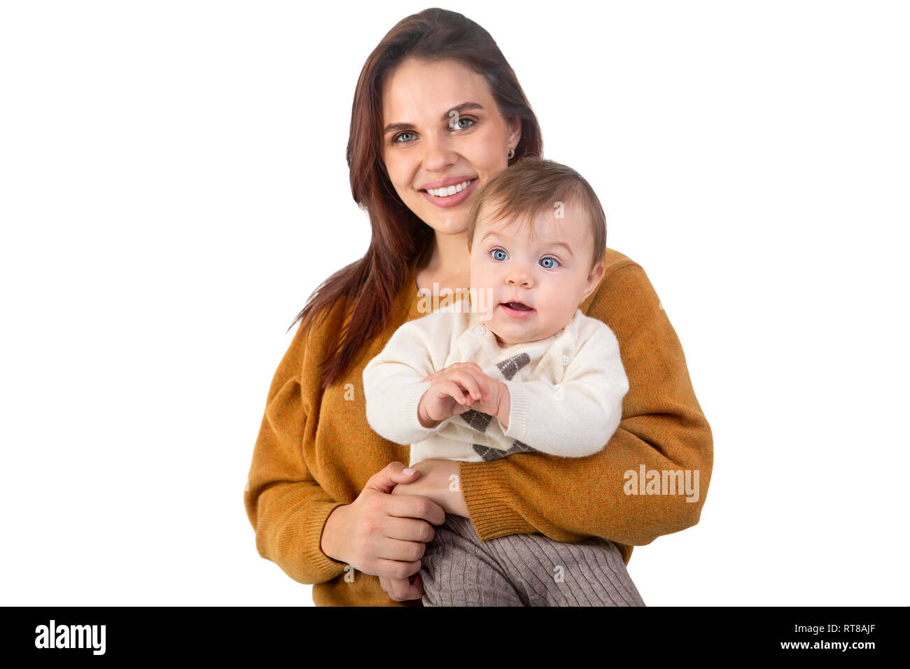 Mère et son bébé isolé sur fond blanc Banque D'Images