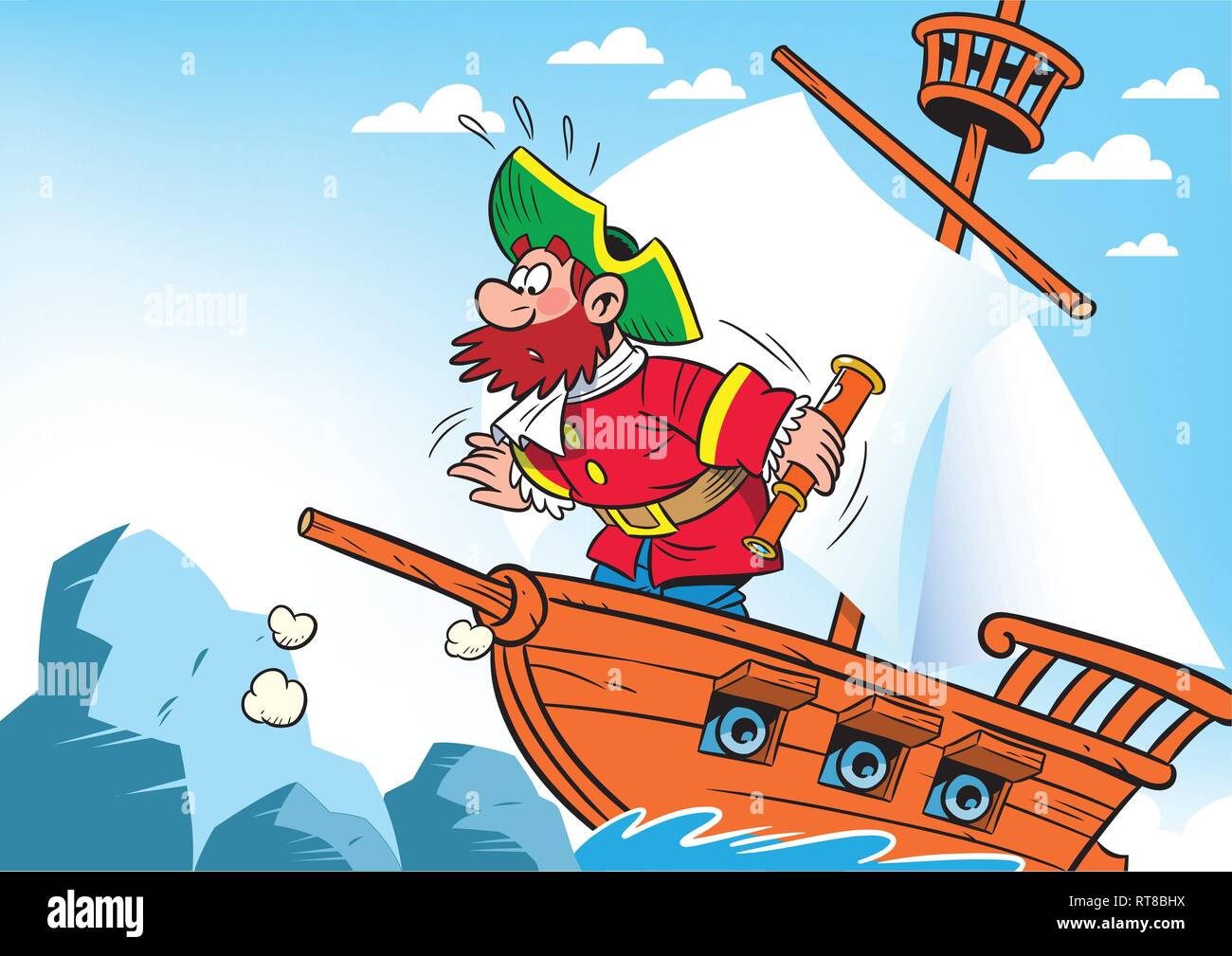 L'illustration montre le dessin animé Capitaine sur le navire, qui s'est écrasé sur le récif. Illustration de Vecteur