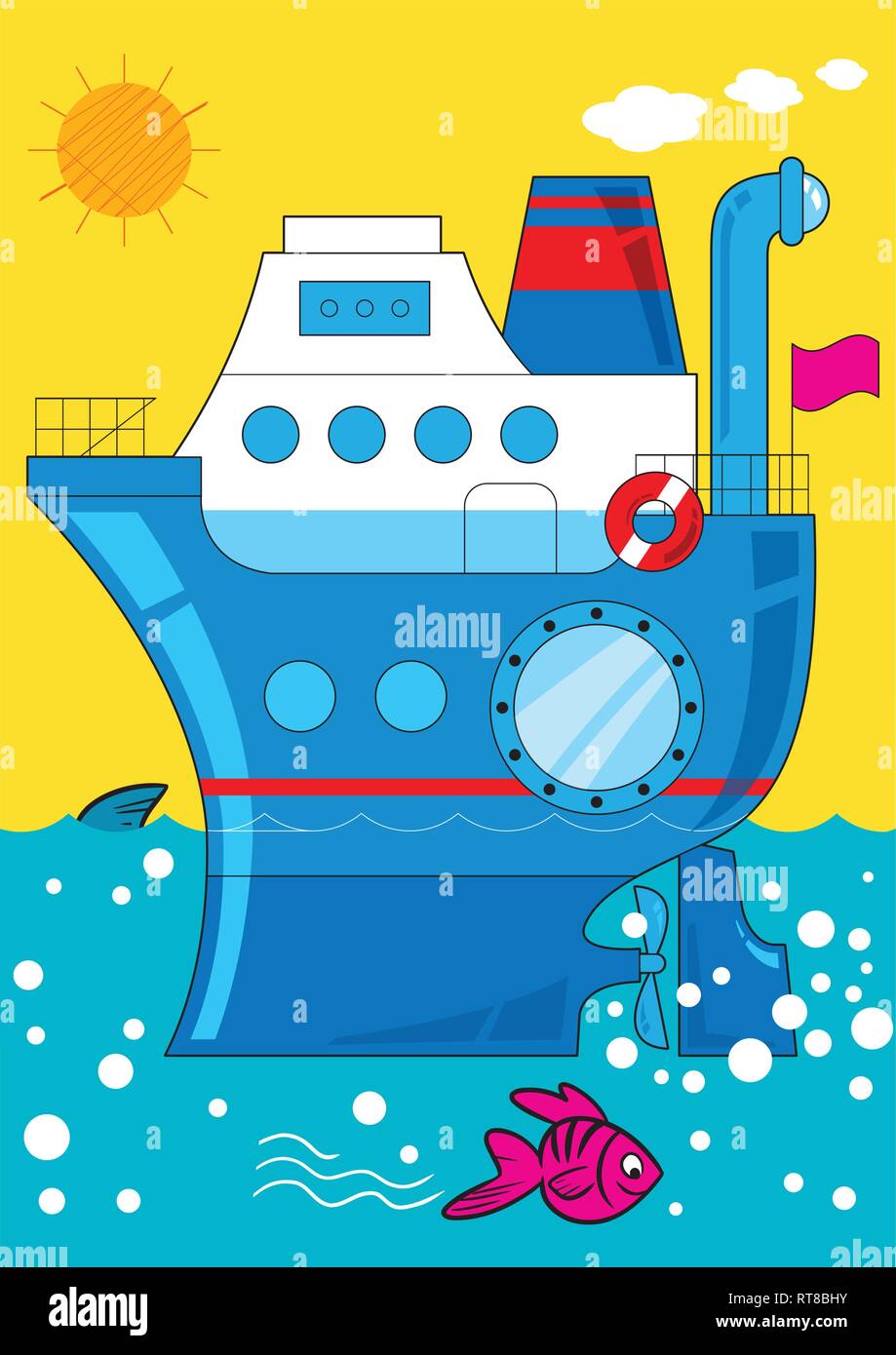 Dans l'illustration vectorielle la caricature bateau de croisière va par la mer Illustration de Vecteur