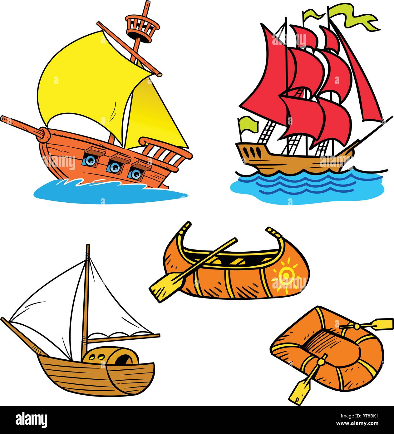 Sur l'illustration d'un ensemble de différents types de navires cartoon, isolé sur fond blanc Illustration de Vecteur