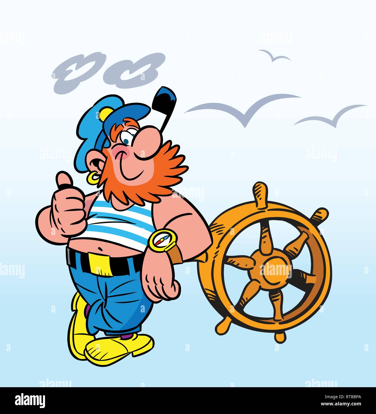 En illustration, un dessin animé avec le capitaine d'un tuyau se tient à la barre du navire. Isolé sur fond blanc. Illustration de Vecteur