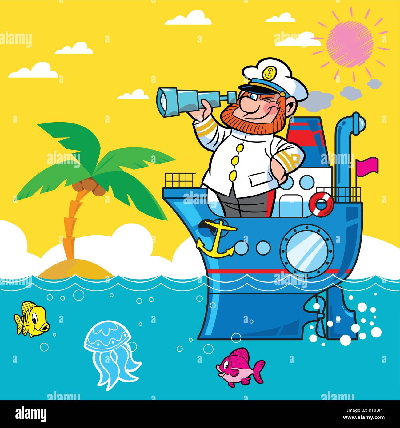 Caricature le capitaine sur un bateau naviguant sur la mer .Il regarde dans ses jumelles. Sur fond de plage et de palmiers. Illustration de Vecteur