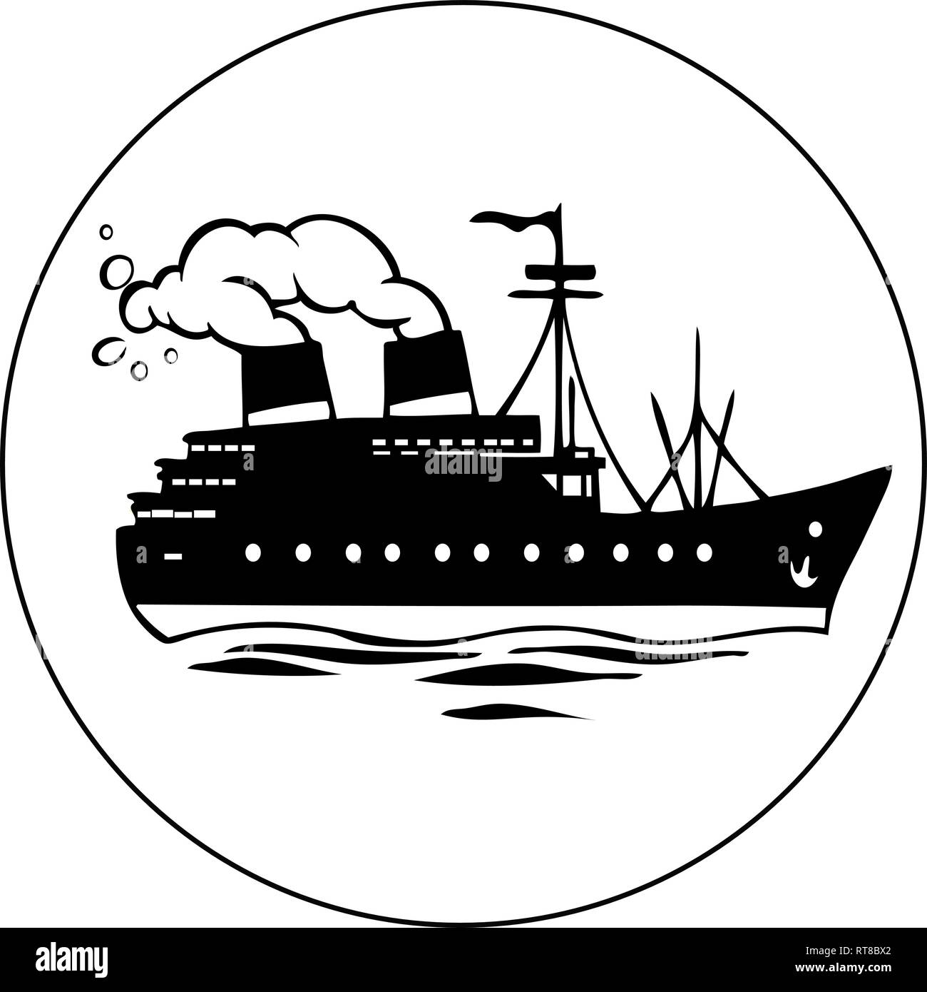 Dans l'illustration d'une grande caricature bateau de croisière va par la mer la nuit. Illustration de Vecteur