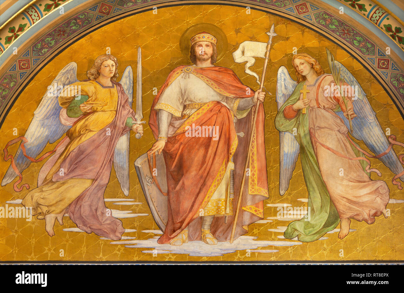 PRAGUE, RÉPUBLIQUE TCHÈQUE - le 17 octobre 2018 : la fresque de Saint Venceslas à l'église par Metodeje Svatého Cyrila František Sequens à partir de la fin de 19. Banque D'Images