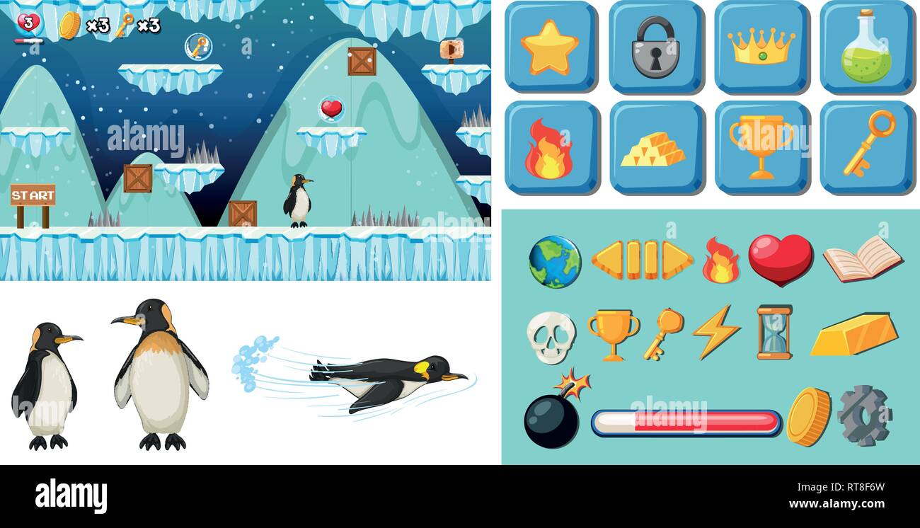 Pack de jeu penguin cartoon illustration Illustration de Vecteur