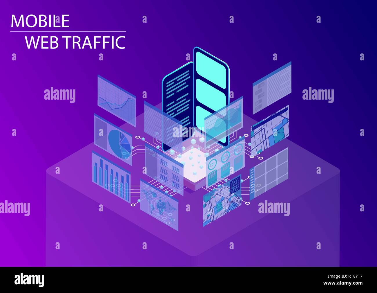 Le trafic web mobile et le suivi de la navigation sur internet concept. Vector illustration 3D isométrique avec des smartphones et des tableaux de suivi Illustration de Vecteur