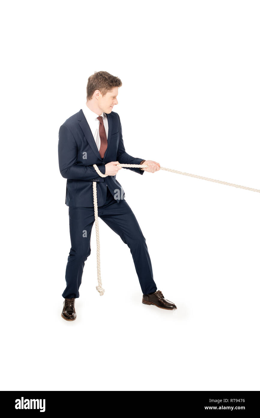Élégant jeune businessman pulling rope isolated on white Banque D'Images
