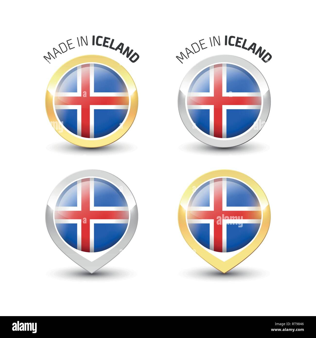 Faites en Islande - label garanti avec le drapeau islandais l'intérieur de ronde des icônes d'or et d'argent. Illustration de Vecteur