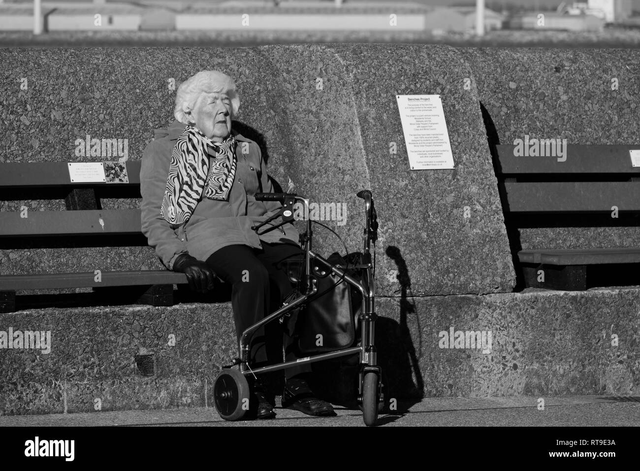 Image Monochrome d'une femme âgée avec une aide à la mobilité comme elle s'assoit sur un banc pour profiter du soleil au début du printemps Banque D'Images