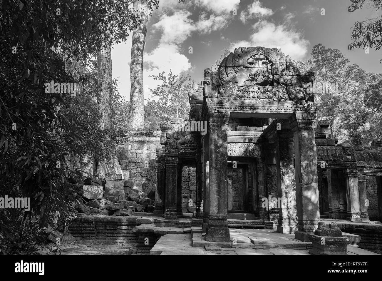 L'ouest entre le gopura quatrième et cinquième enceintes, Ta Prohm, Angkor, Siem Reap, Cambodge. Version noir et blanc Banque D'Images