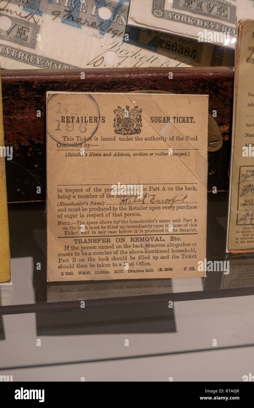 Les détaillants d'un billet de sucre La Première Guerre mondiale, York Castle Museum, York, Yorkshire, UK. Banque D'Images