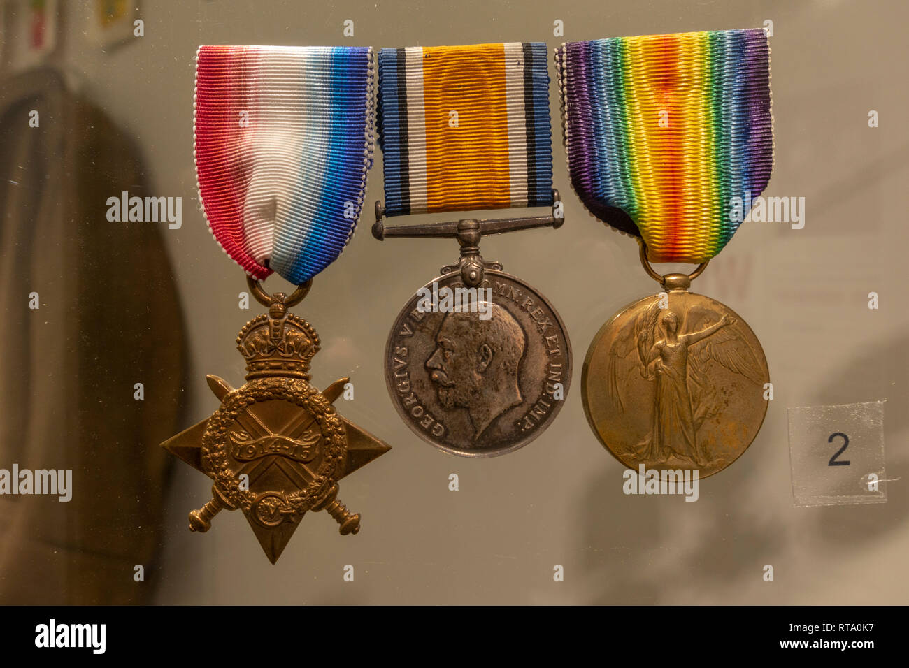 1914-15 étoiles, Médaille de guerre britannique, Médaille de la Victoire (aussi appelé l'Inter-Allied Médaille de la Victoire) sur l'affichage, York Castle Museum, York, Yorkshire, UK. Banque D'Images