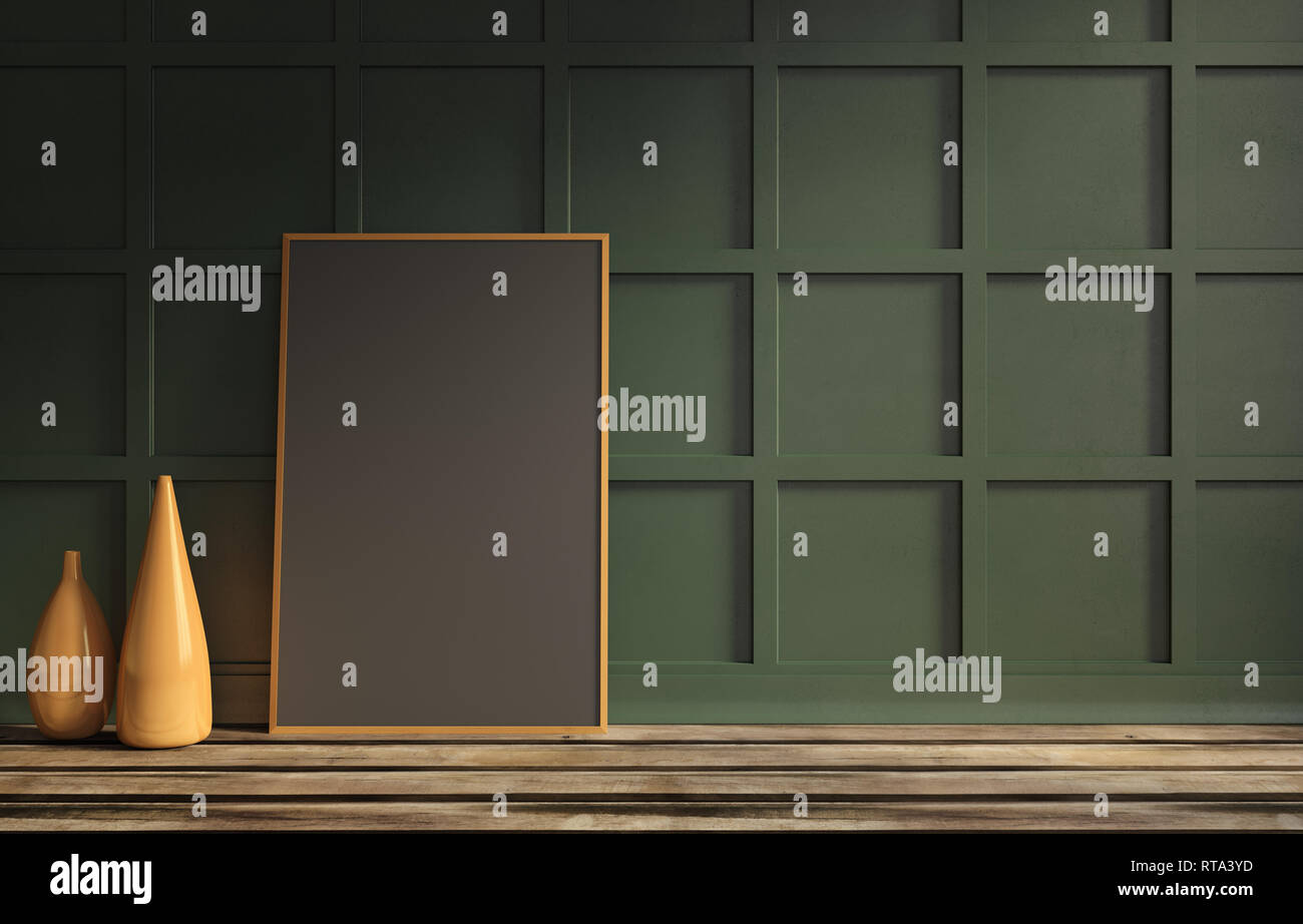 illustration de rendu 3d du salon avec panneau mural en bois vert foncé de luxe, parquet, toile noire en cadres or et vase doré de mode Banque D'Images illustration de rendu 3d du salon avec panneau mural en bois vert foncé de luxe, parquet, toile noire en cadres or et vase doré de mode Banque D'Images