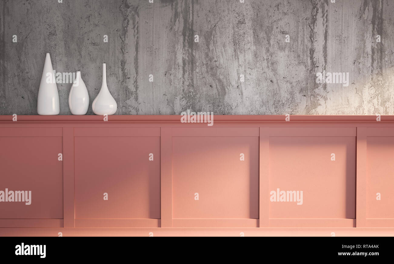 Le rendu 3d illustration de l'intérieur moderne et coloré sur matin ensoleillé. Mur en béton brut gris, rose corail classique de bord avec moulure et ensemble de l'étude whi Banque D'Images Le rendu 3d illustration de l'intérieur moderne et coloré sur matin ensoleillé. Mur en béton brut gris, rose corail classique de bord avec moulure et ensemble de l'étude whi Banque D'Images