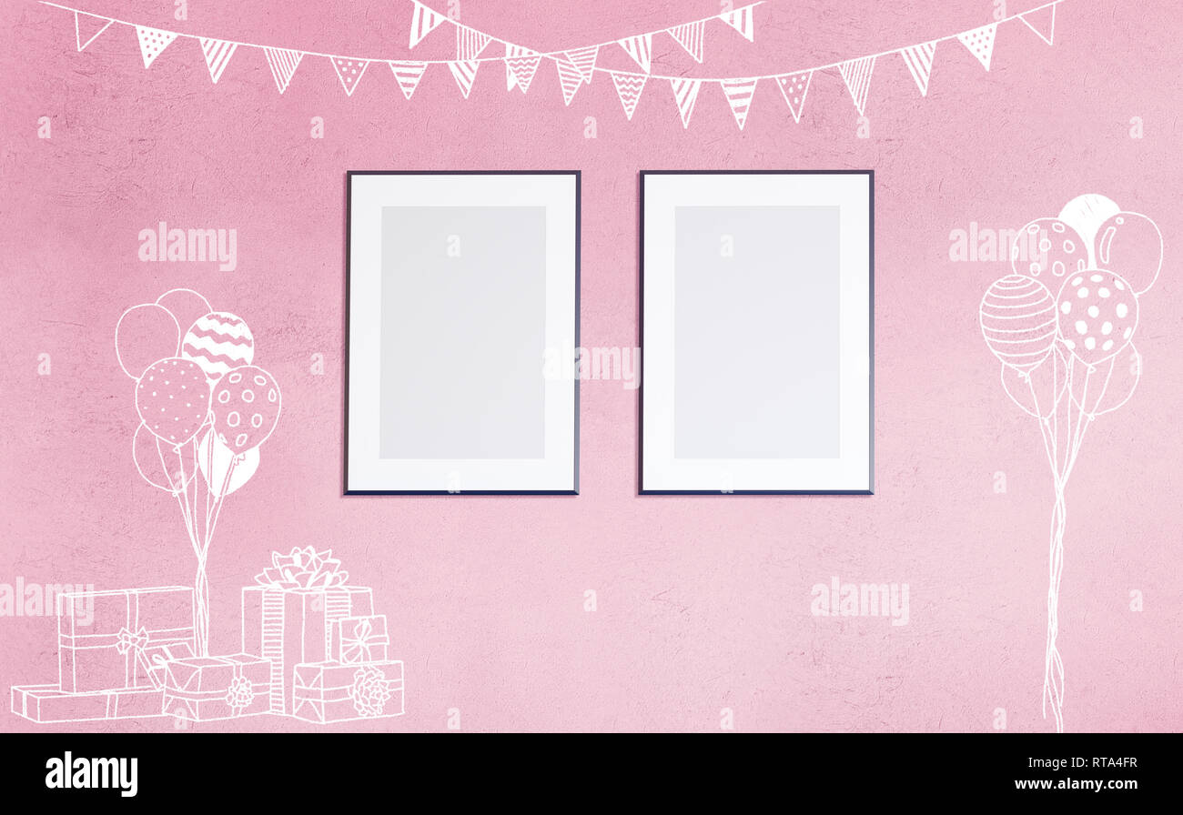 Le rendu 3d illustration de la préparation de la salle pour la fête, des douches de bébé, anniversaire. Croquis de craie de Nice, des ballons et des drapeaux cadeaux décoration sur le col rose Banque D'Images
