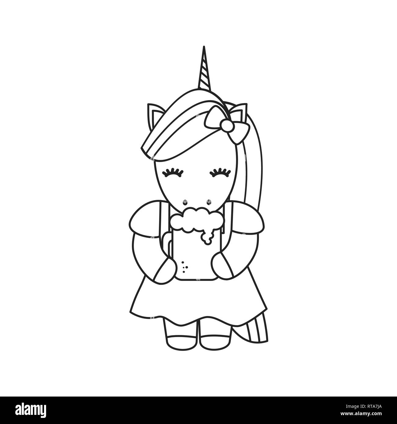 Cute vector cartoon noir et blanc avec de la bière licorne illustration de l'art à colorier Illustration de Vecteur