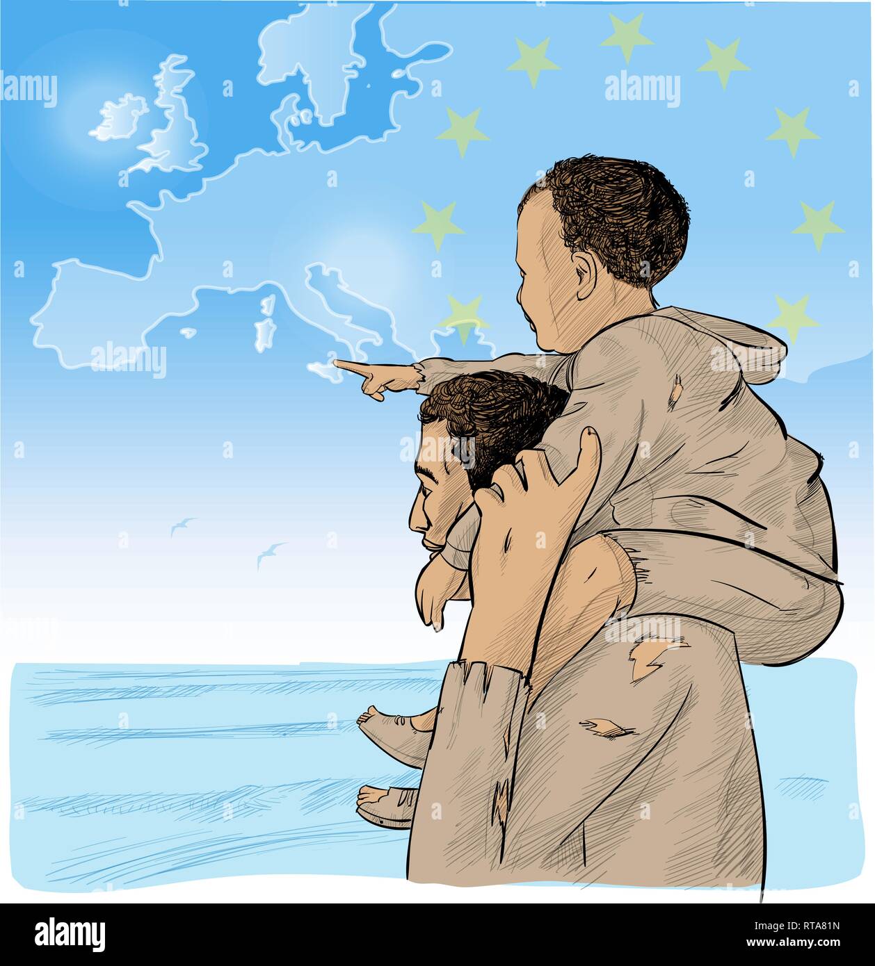 Père et fils d'immigrants à l'avant de la carte de l'Europe. vector illustration Illustration de Vecteur