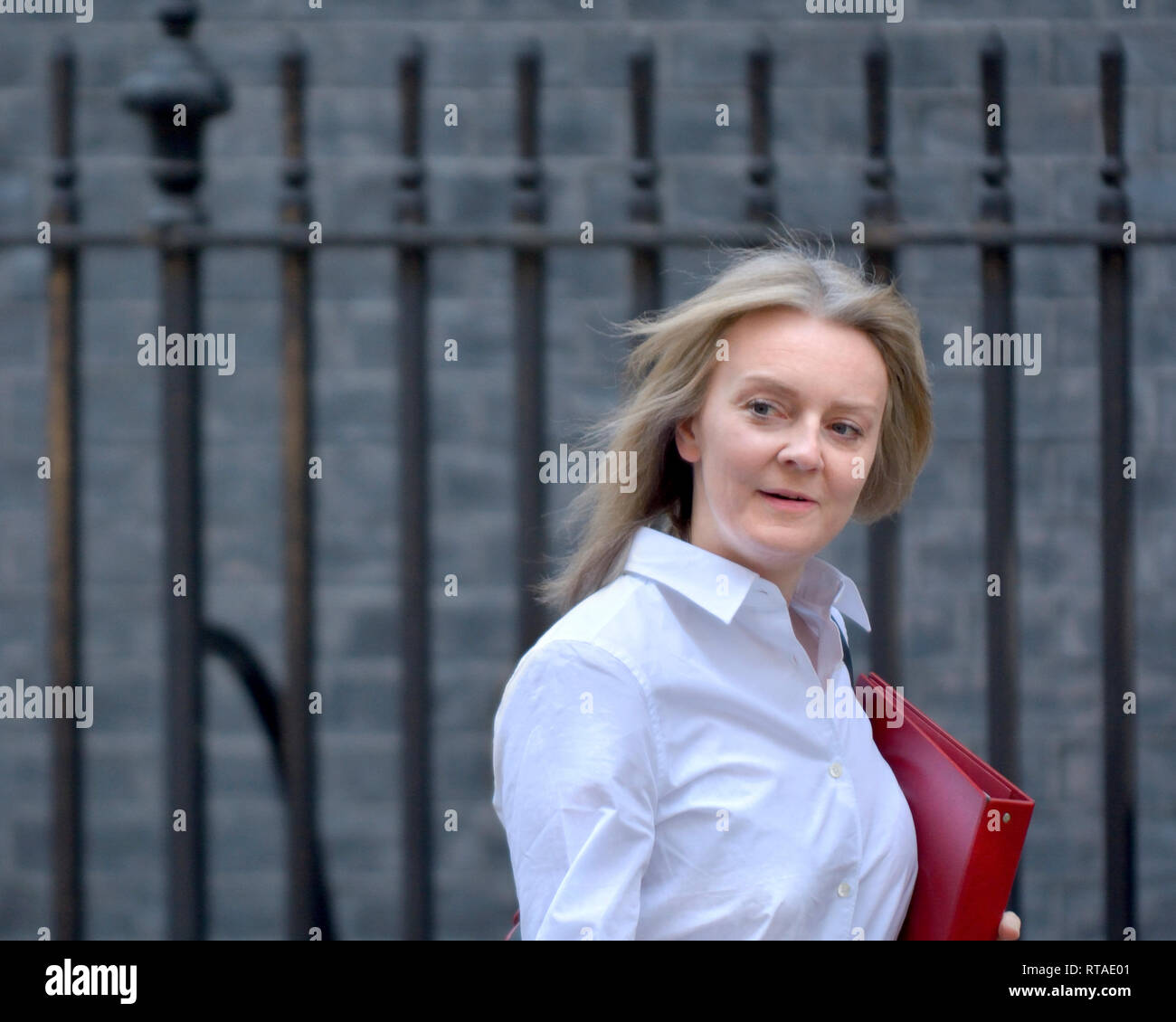 Liz Truss, député, secrétaire en chef au Trésor, laissant Downing Street après une réunion du cabinet, 19.02.2019 Banque D'Images