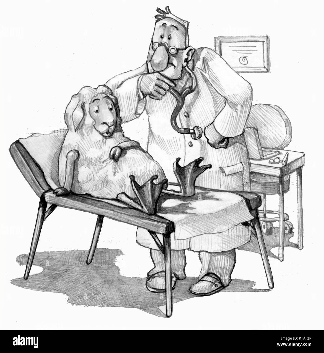 Médecin regarde perplexe un mouton s'assit sur sa couchette les moutons a cuisses de canard confit humour tirer allégorie de mutants biologys Banque D'Images