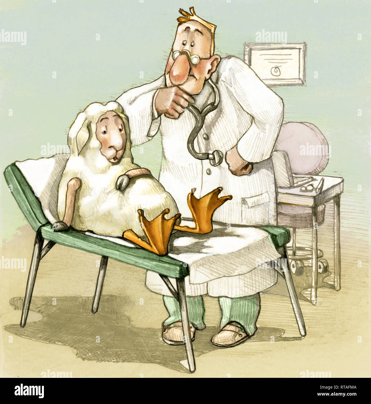 Médecin regarde perplexe un mouton s'assit sur sa couchette les moutons a cuisses de canard confit humour tirer allégorie de mutants biologys Banque D'Images