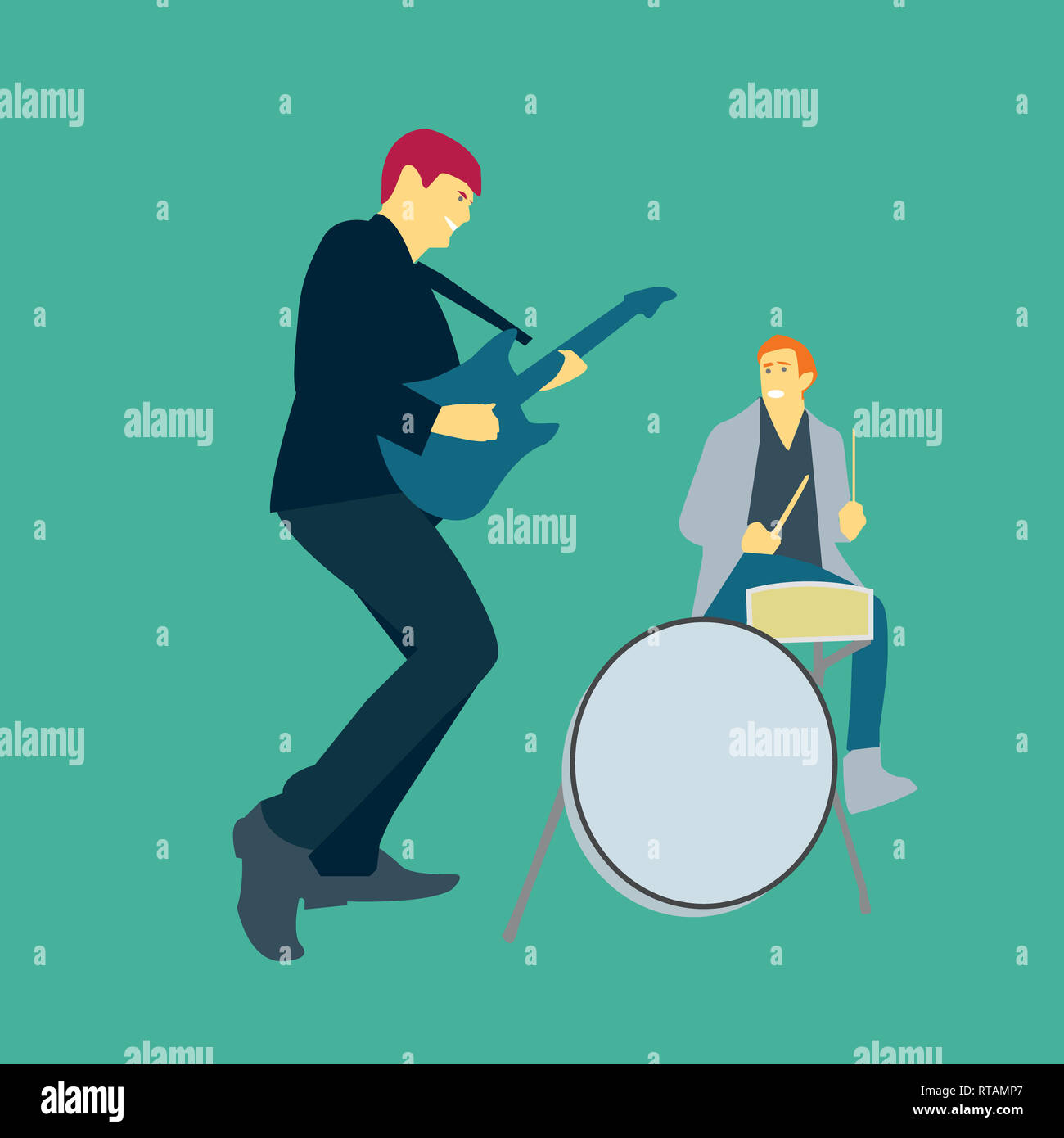 Vector illustration de deux hommes jouant de la musique avec des guitares et de la batterie Banque D'Images