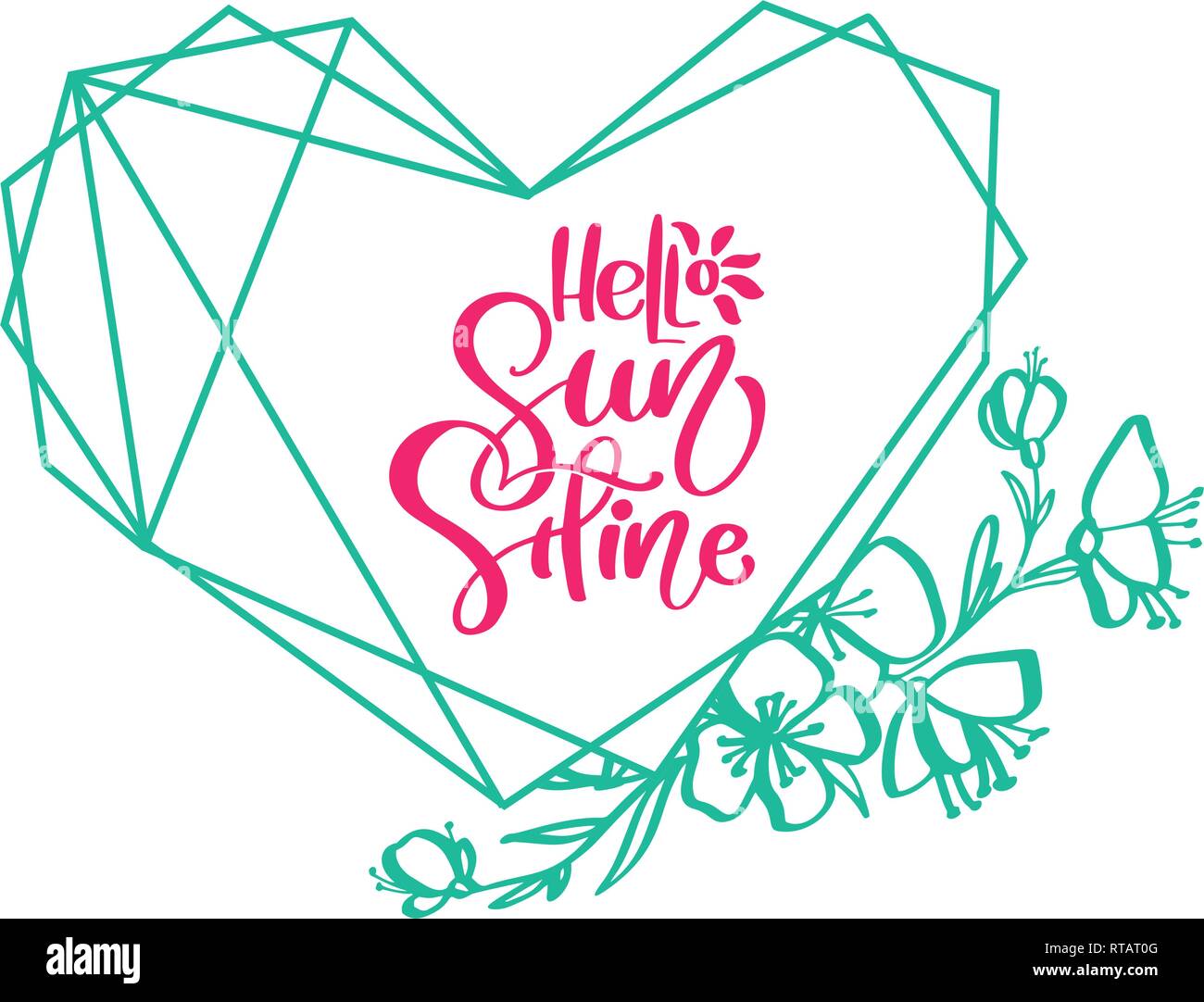 Vecteur de fleurs design vert avec carte de l'élément text Hello Sunshine. Télévision illustration isolé sur fond blanc en forme de cœur. Main scandinaves Illustration de Vecteur