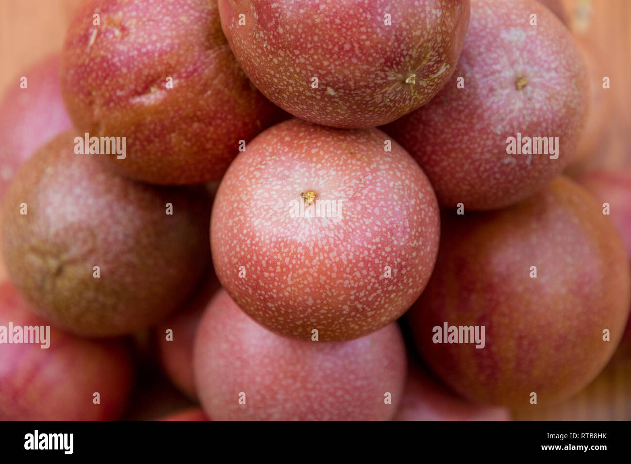 Fermer la vue de plusieurs bons fruits rouges Les fruits de la passion (Passiflora edulis) arrachés et empilées les unes sur les autres sur une table en bois. Banque D'Images