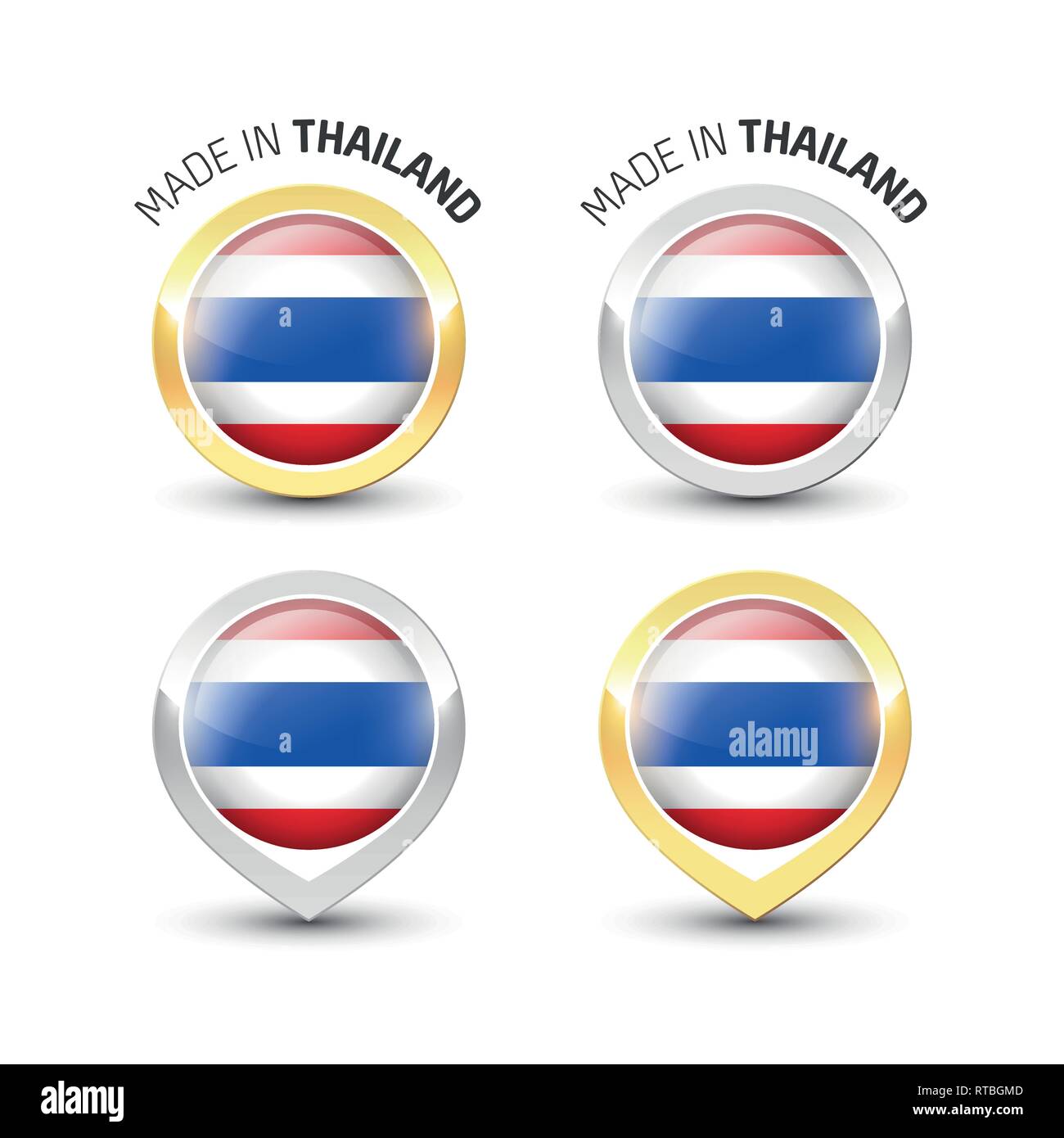 Fabriqués en Thaïlande - label garanti avec le Thai d'intérieur de ronde drapeau icônes d'or et d'argent. Illustration de Vecteur