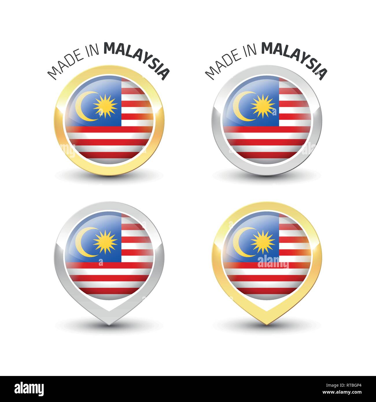 Faites en Malaisie - label garanti avec le drapeau malaisien l'intérieur de ronde or et l'argent des icônes. Illustration de Vecteur