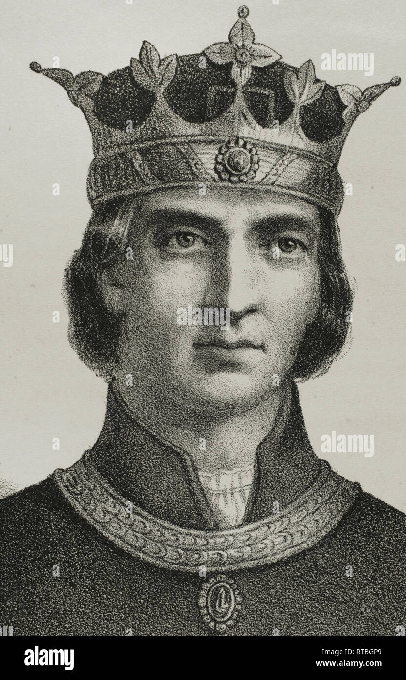 Pierre IV d'Aragon (1319-1387), 'la' cérémonieuse. Le roi d'Aragon, de Valence, de Majorque, et comte de Barcelone. Dessin de Berr (fl.1866-1872). La lithographie, détail. Crónica general de España, Historia Ilustrada Descriptiva y de sus Provincias. La Catalogne. 1866. Banque D'Images