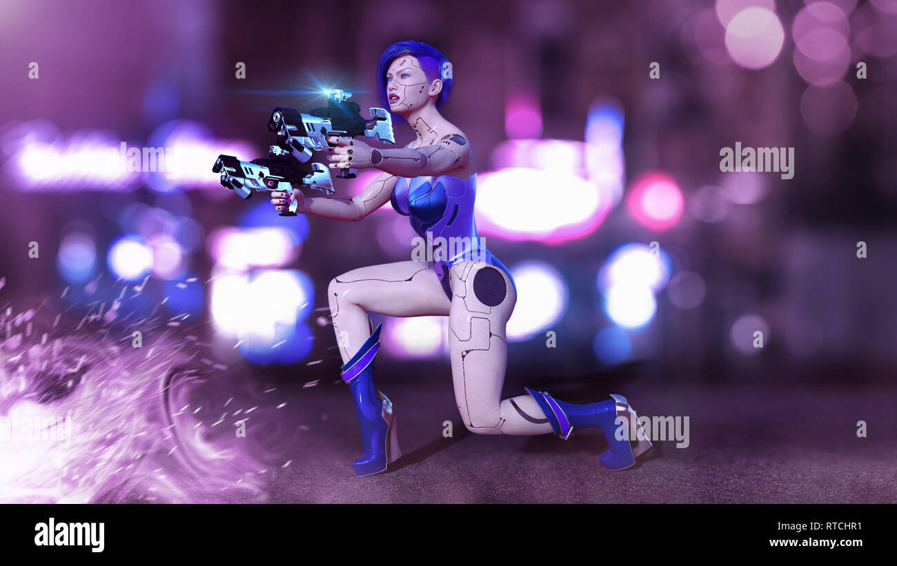 Cyborg girl armés de fusils à genoux, femme bataille robot de prise, sci-fi android femme dans la rue de la ville de nuit, 3D Rendering Banque D'Images