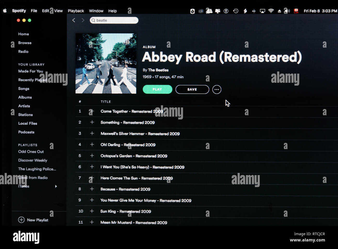 L'album Abbey Road Beatles page web Spotify Banque D'Images