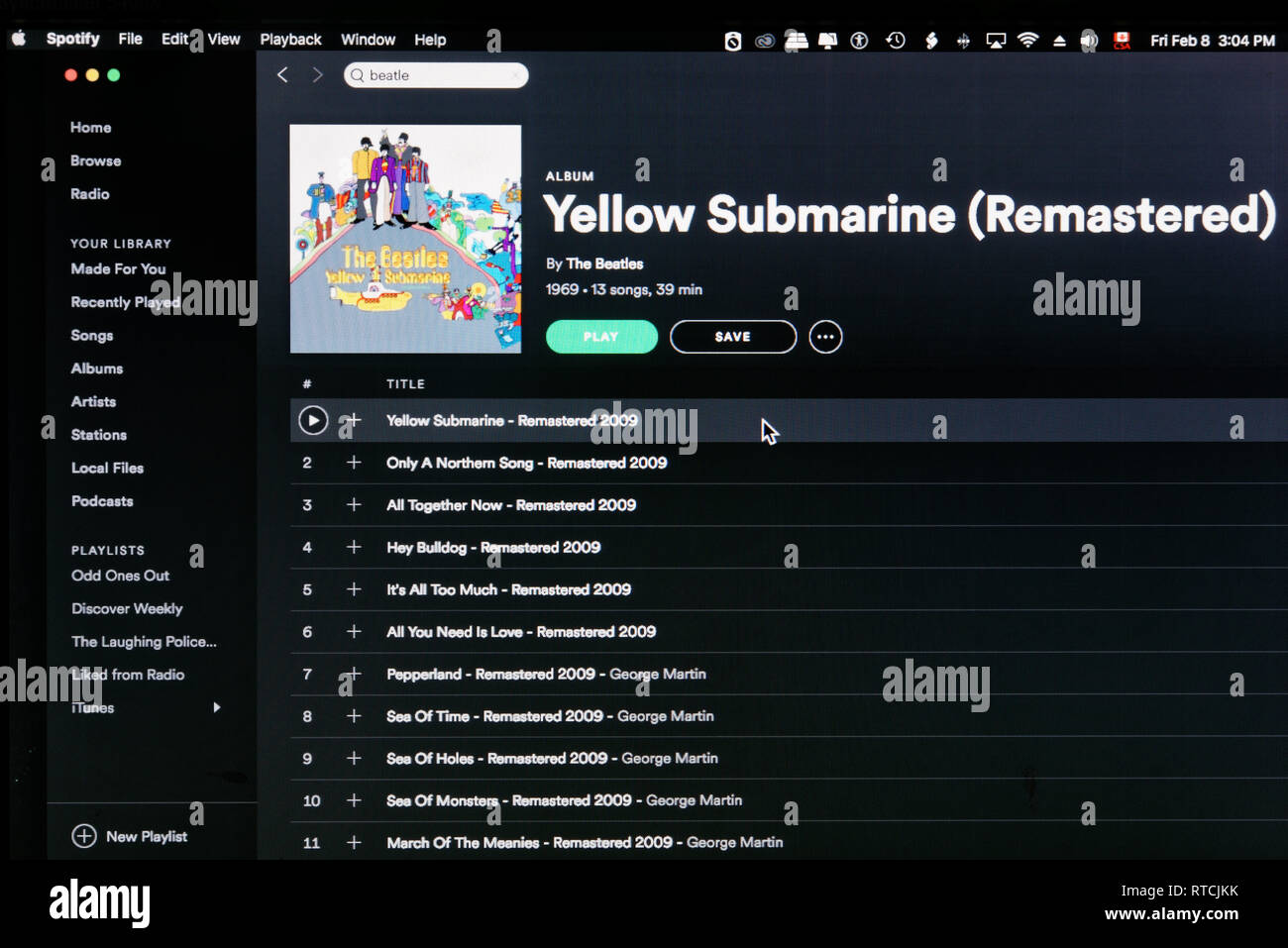 L'album des Beatles Yellow Submarine page web Spotify Banque D'Images