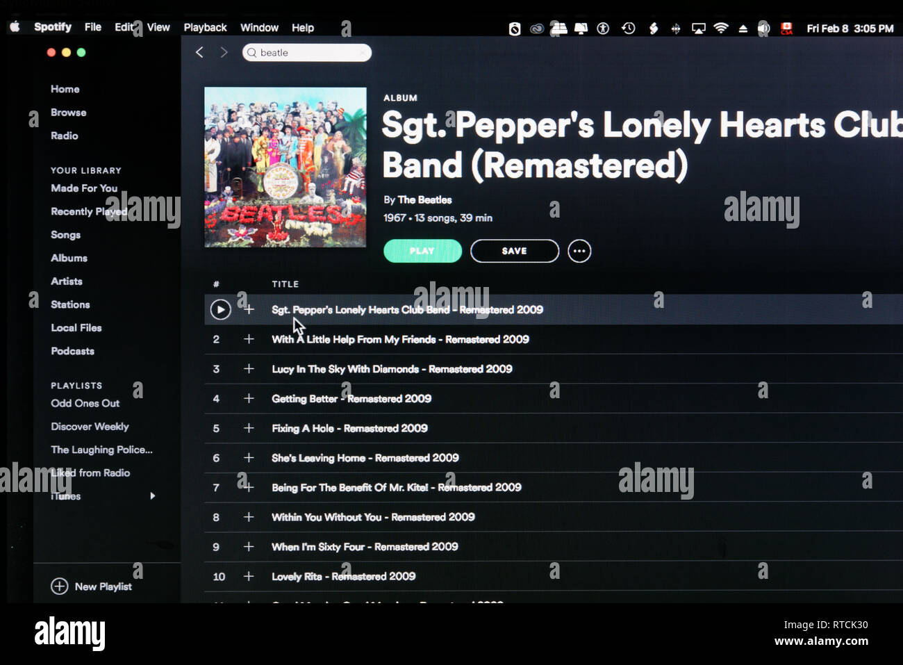 L'album des Beatles Sgt Pepper's Lonely Hearts Club Band page web Spotify Banque D'Images