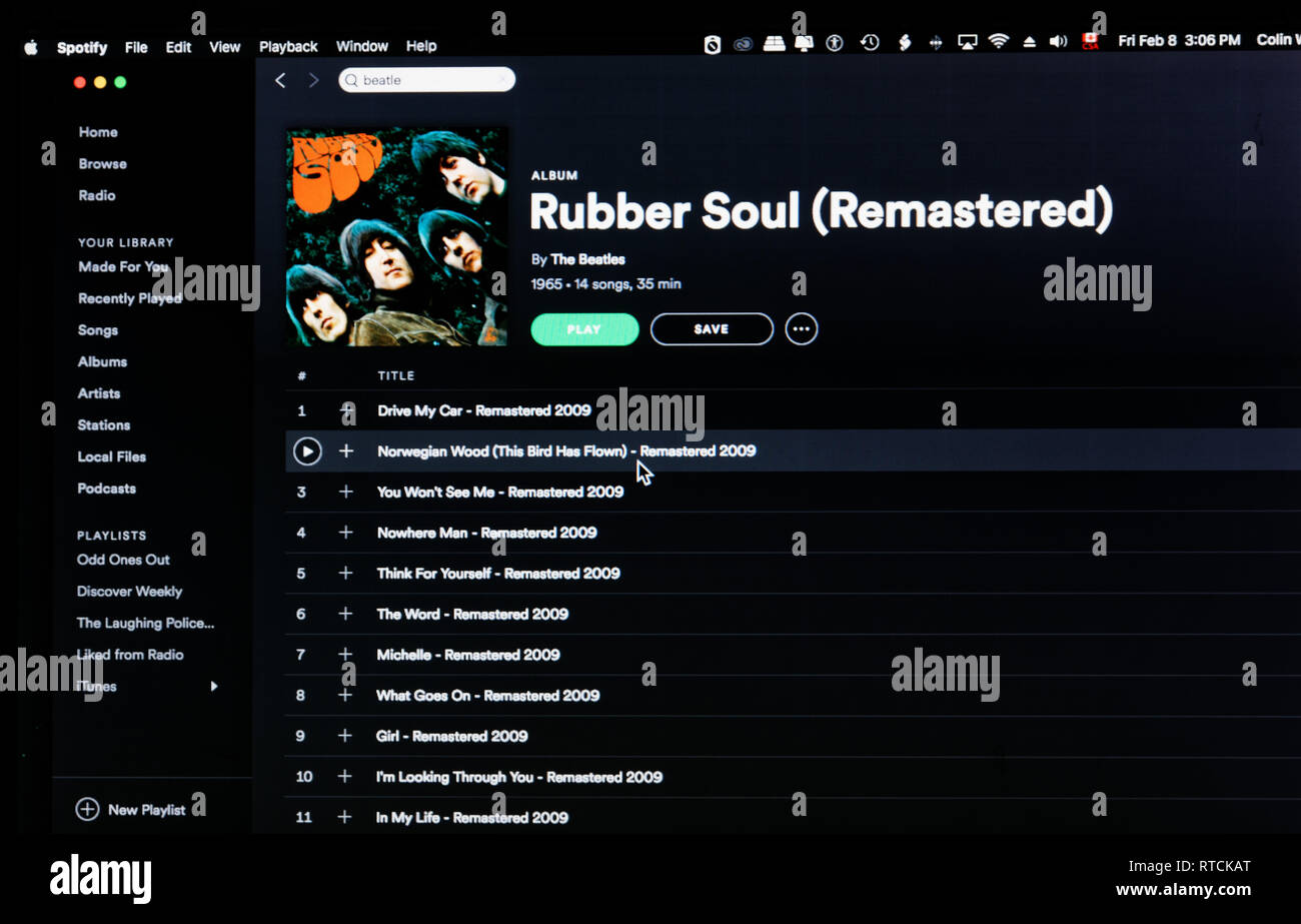 L'album des Beatles Rubber Soul Spotify page web Banque D'Images