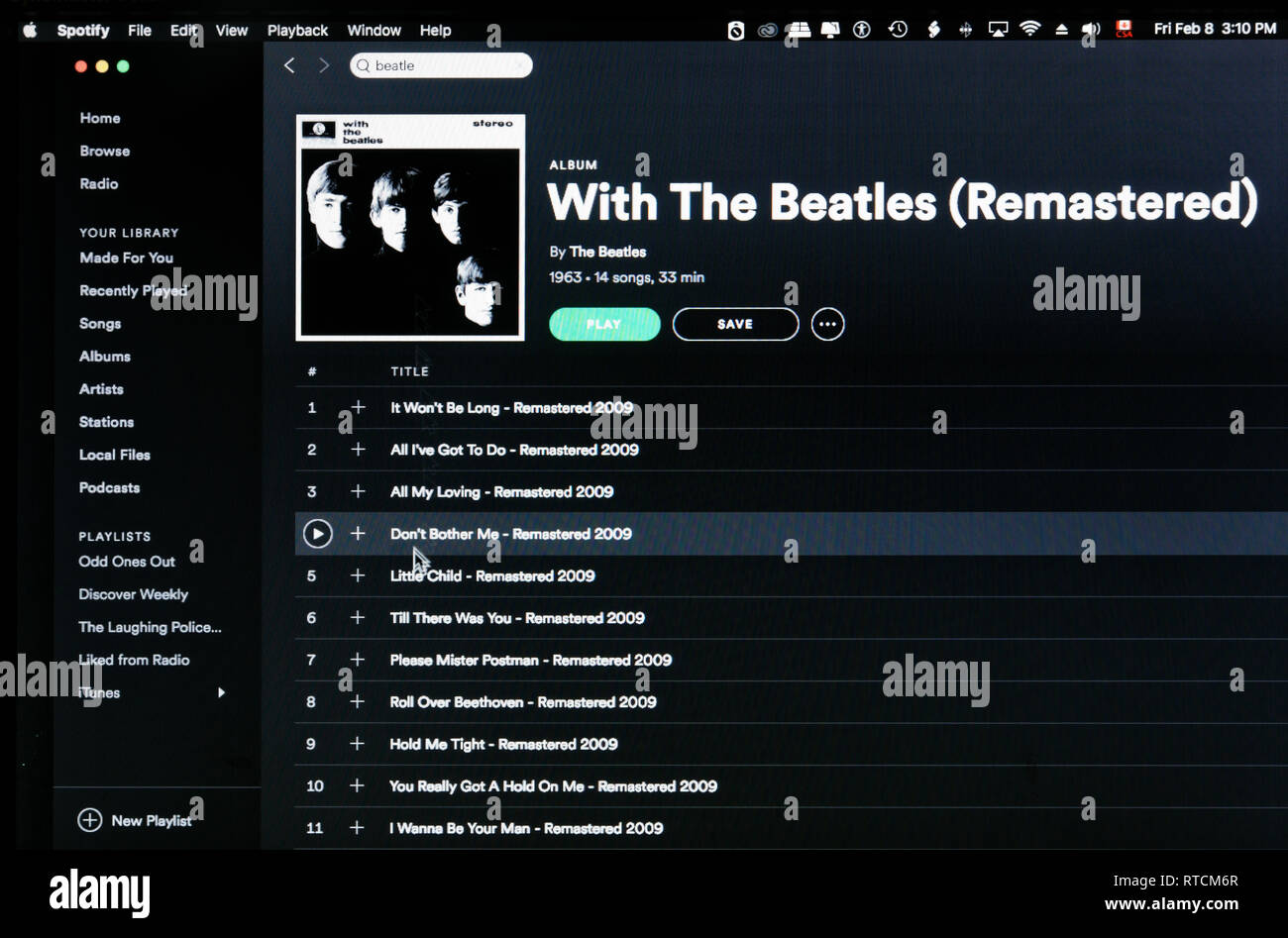 L'album des Beatles avec les Beatles page web Spotify Banque D'Images
