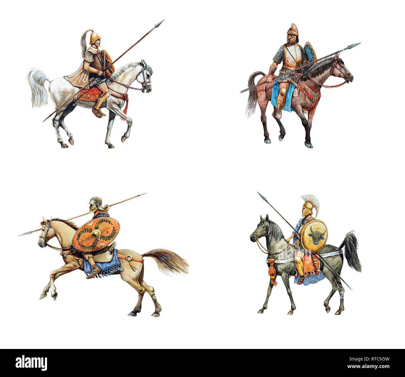 Guerriers antiques. Ensemble de 4 illustration historique isolé. Banque D'Images