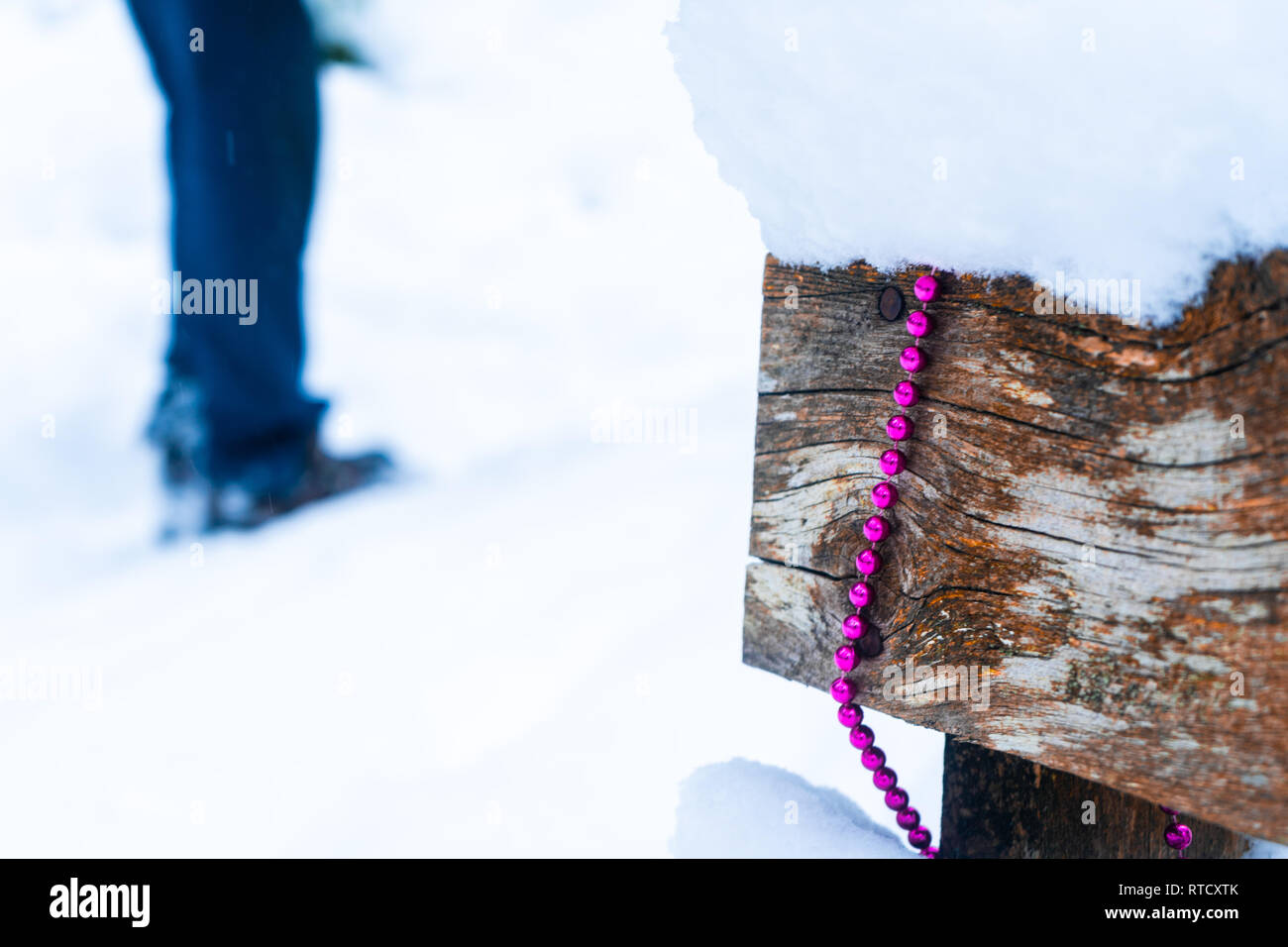 Les jambes de la personne dans la neige et cordon rose garland drapé sur un banc en bois dans la forêt, représentant un décor de Noël, temps d'hiver, les fêtes, et l'hiver. Banque D'Images