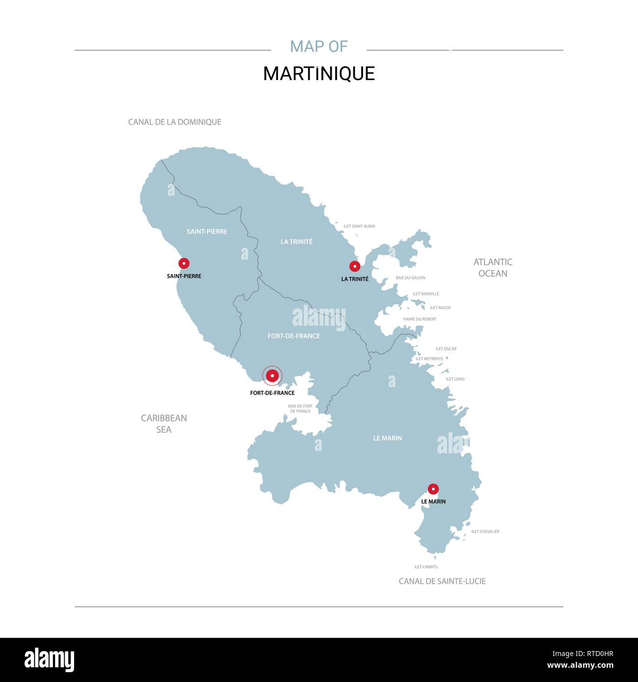 Martinique carte vectorielle. Modèle modifiable avec les régions, les villes, les axes rouge et bleu sur fond blanc de surface. Illustration de Vecteur