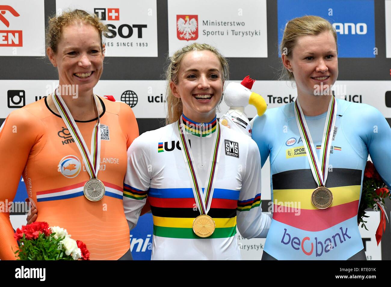 Le cyclisme sur piste Championnats du Monde UCI 2019 Le 27 février 2019 à l'arène dans Pruszk BGZ, Pologne. L-R Kirsten Wild, Elinor Barker GBR et Jolien Dhoore Crédit : Sander Chamid BEL/SCS/AFLO/Alamy Live News Banque D'Images