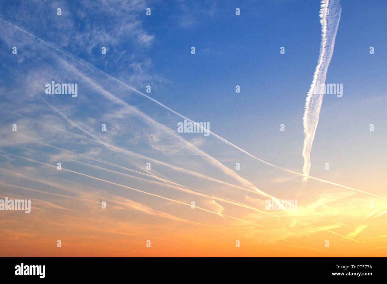 Bandes de code dans le ciel au-dessus de Schleswig au coucher du soleil en début de soirée à la fin de l'hiver. Dans les théories du complot, ces nuages légers causés par les avions sont également appelées chemtrails. Chemtrails est la contraction de l'anglais pour les produits chimiques et produits chimiques pour les traînées traînées, en allemand pour des bandes de produits chimiques. Dans le monde d'utilisation | Banque D'Images