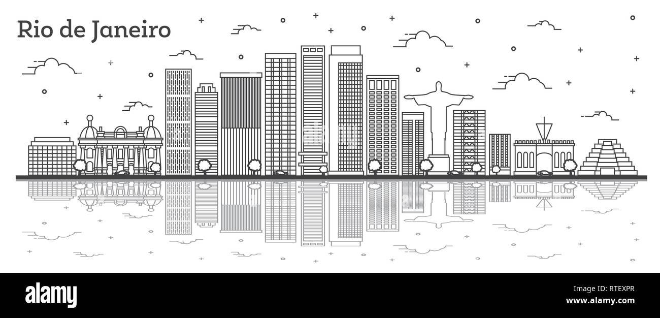 Contours Rio de Janeiro Brésil sur les toits de la ville avec des bâtiments modernes et des réflexions isolé sur blanc. Vector Illustration. Illustration de Vecteur