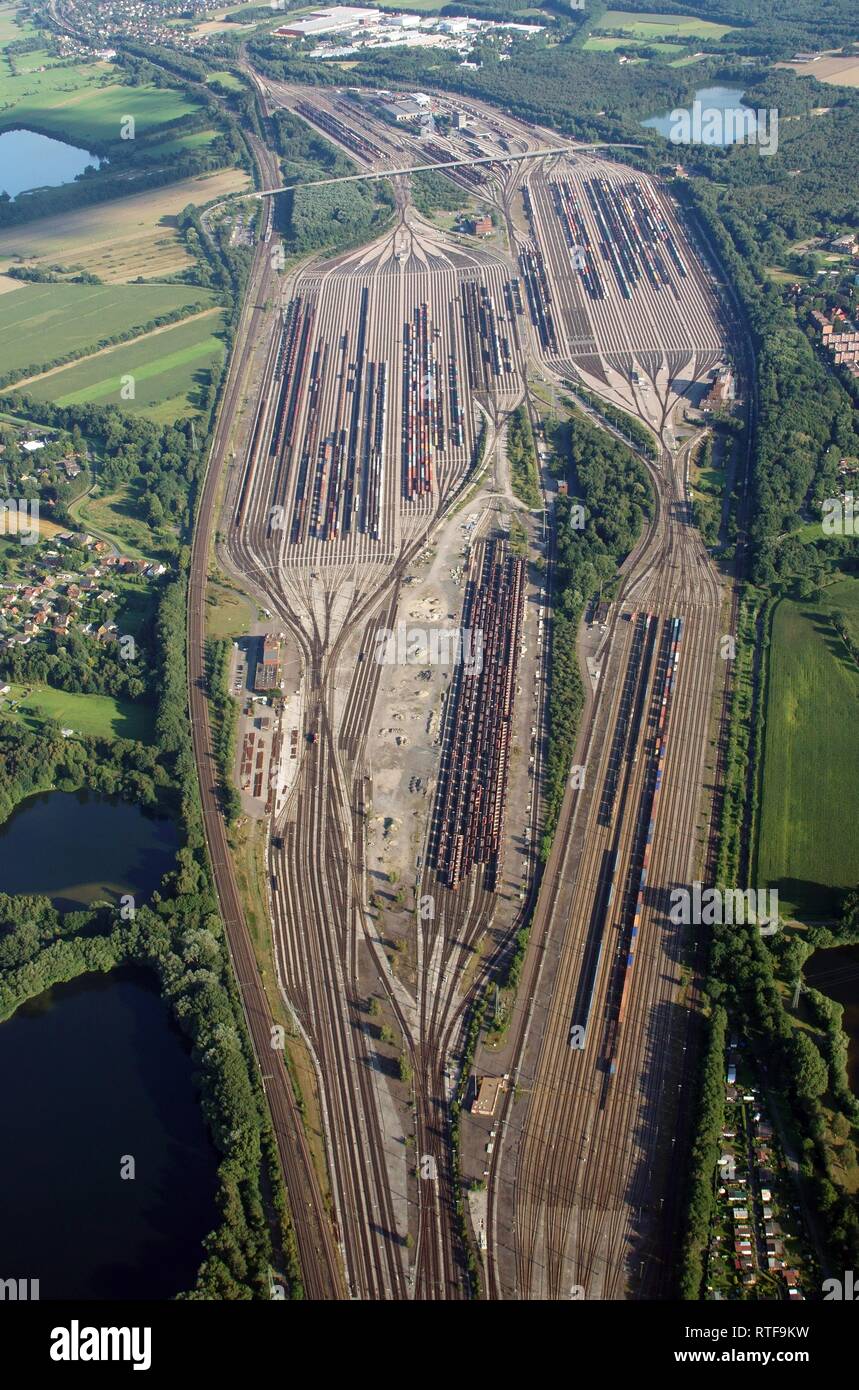Vue aérienne, le système de rails, de gare de triage Maschen, Basse-Saxe, Allemagne Banque D'Images