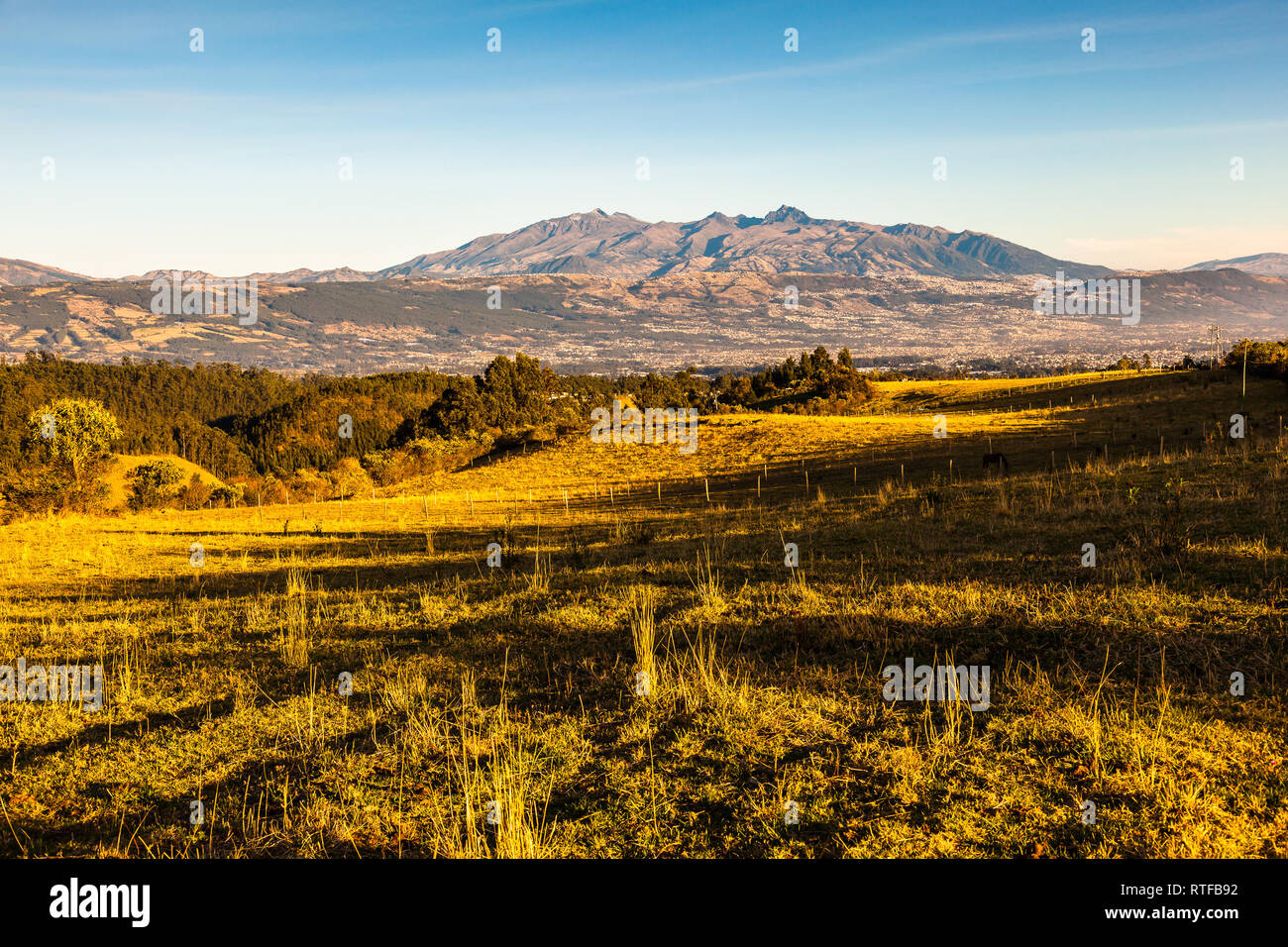 Paysage andin dans la matinée avec des tons orange et d'or qui montrent leurs pentes cultivables et des forêts plantées, Pichincha, Equateur. Banque D'Images