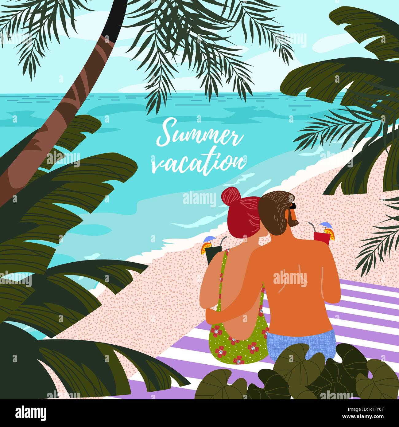 Vacances d'été. Mignon poster, carte ou couvrir avec une illustration d'un couple homme et femme sur un fond bleu, sable blanc et d'arbres tropicaux Illustration de Vecteur