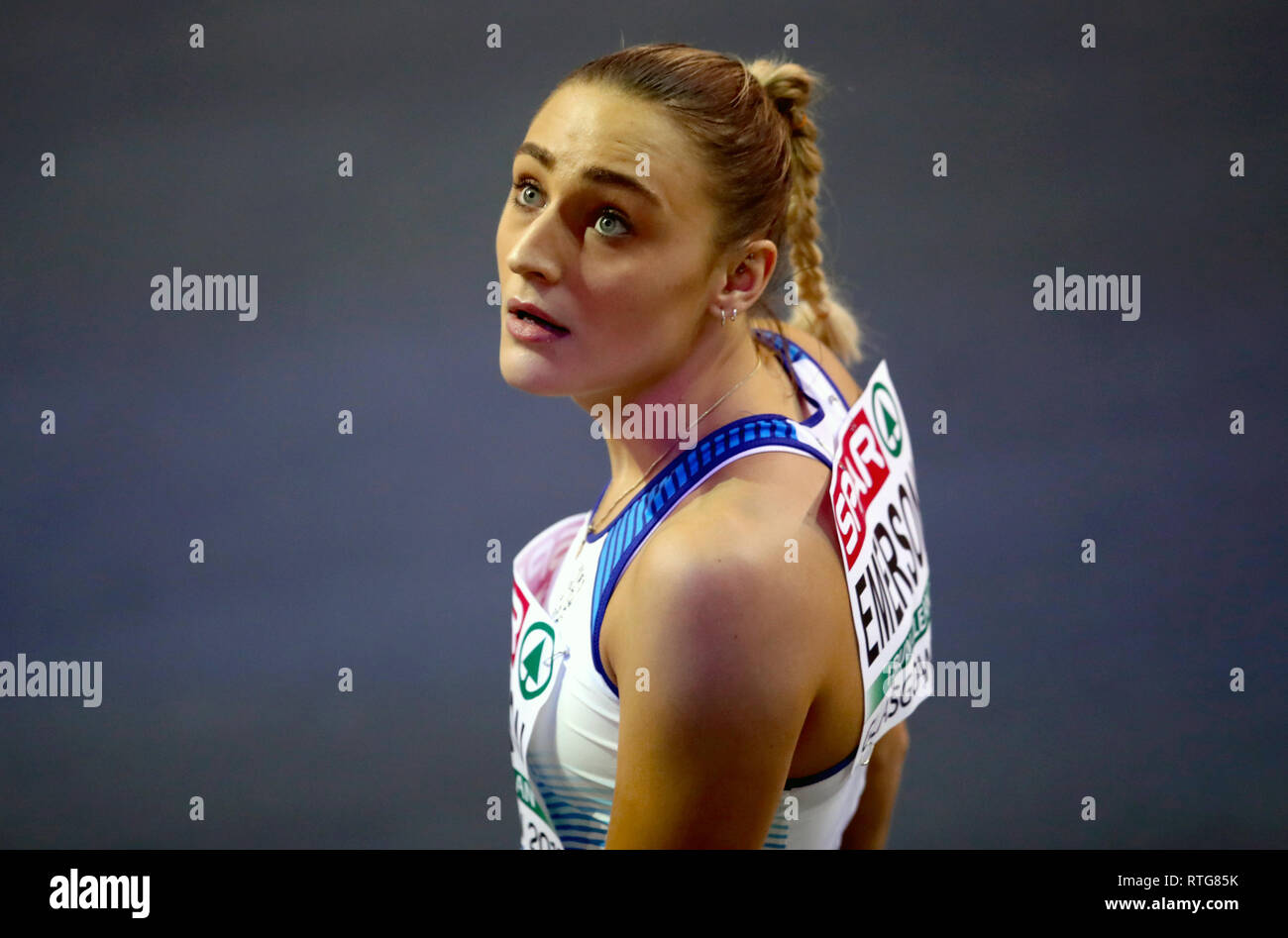 Great Britain's Niamh Emerson après avoir participé au 60m haies 1 la chaleur au cours de la première journée de l'Indoor d'athlétisme à l'Emirates Arena, Glasgow. Banque D'Images