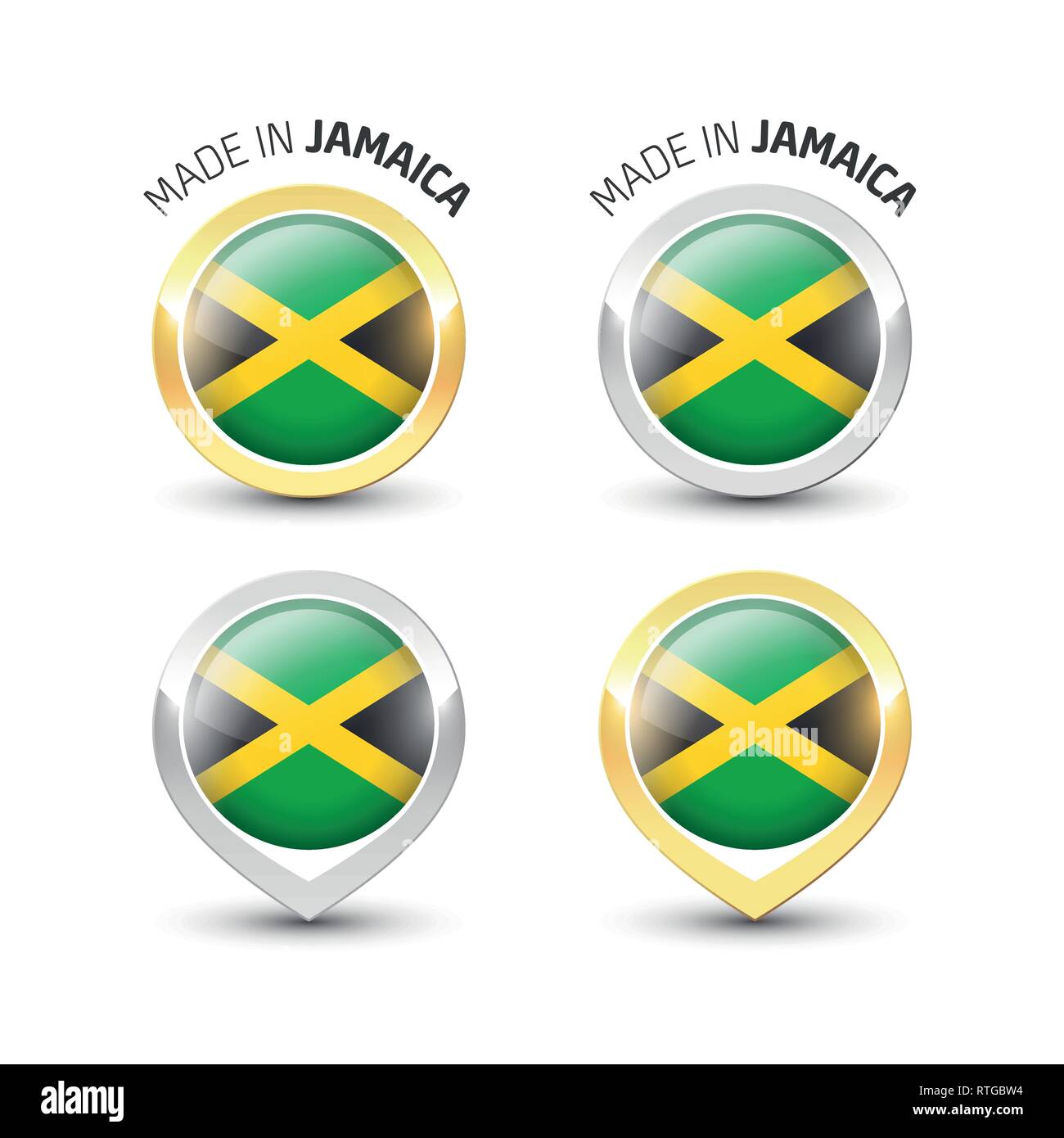 Fait en Jamaïque - label garanti avec le drapeau jamaïcain de l'intérieur de ronde or et l'argent des icônes. Illustration de Vecteur