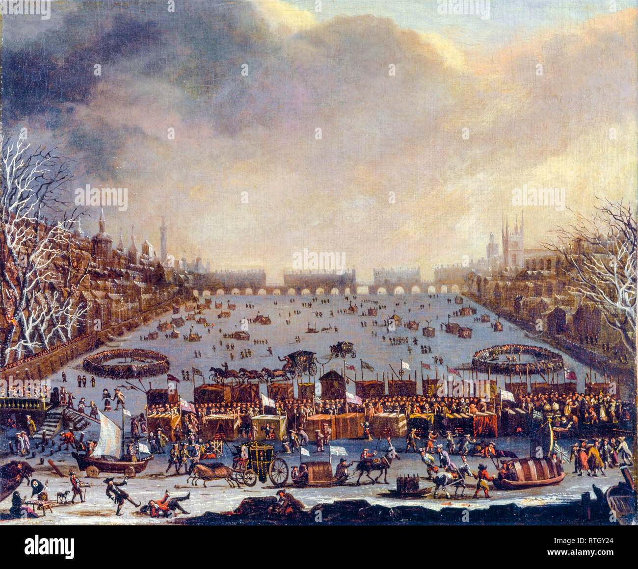 Frost Fair sur la Tamise avec le Vieux London Bridge au loin, peinture par un artiste inconnu, vers 1684 Banque D'Images