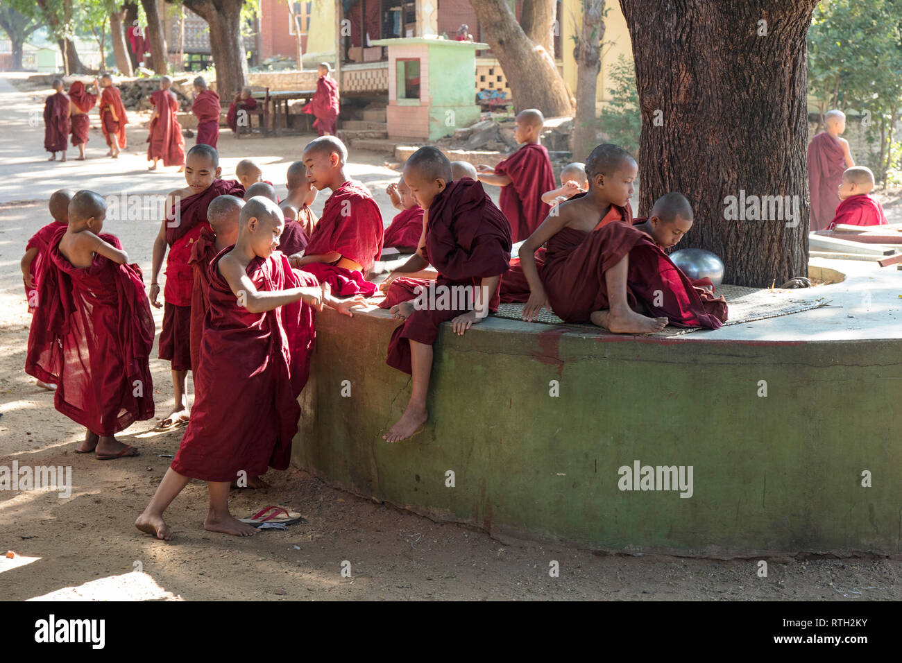 Les moines novices jouer dans un monastère de Nyaung U, Bagan, Myanmar (Birmanie). Banque D'Images